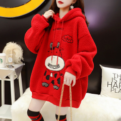 Guantu New Year red sweater women's Plush thickened medium length 2021 new spring loose lamb wool coat