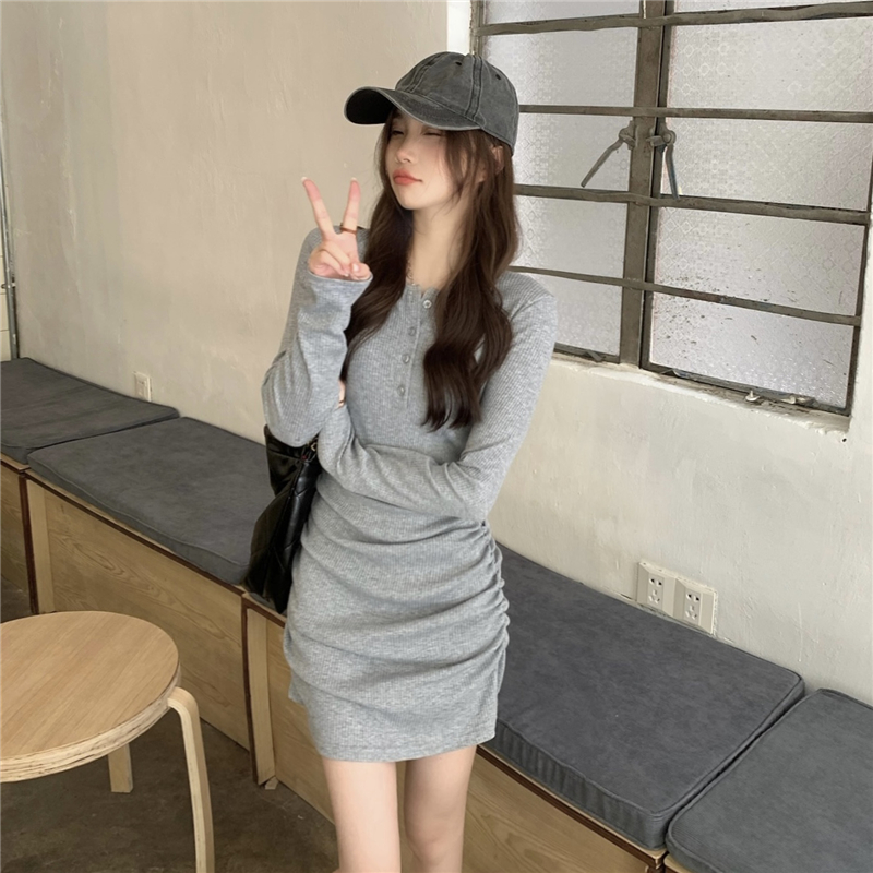 Real shot real price sweet and spicy slim slim long-sleeved dress women's design sense pleated temperament bottoming bag hip skirt