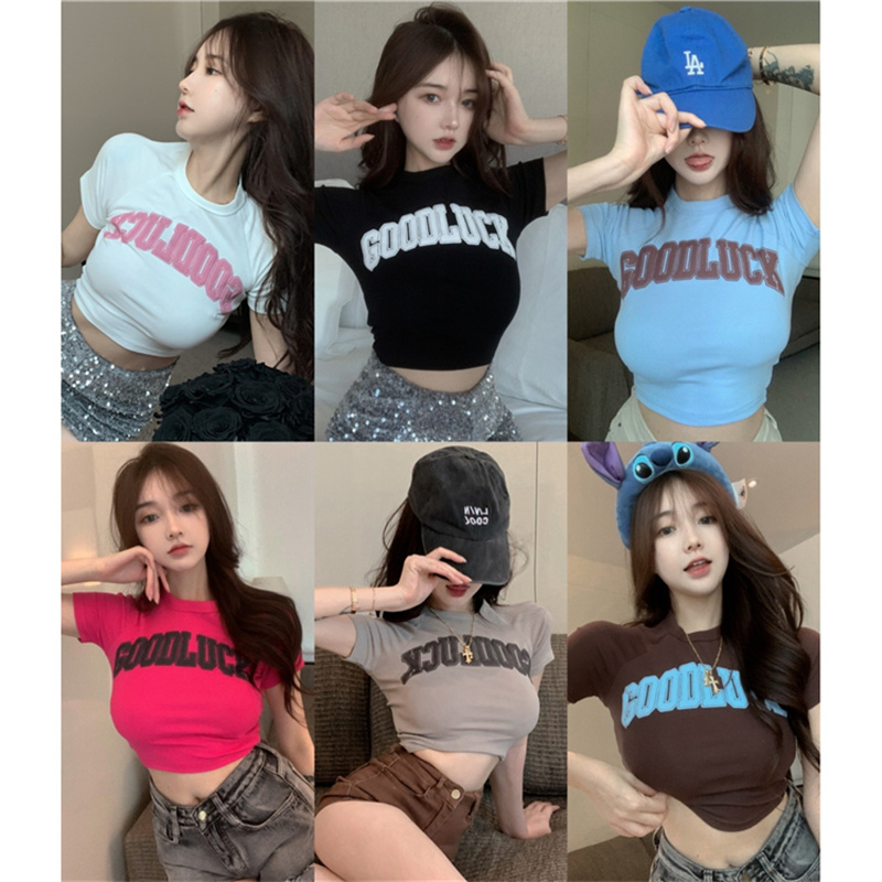 Letter front shoulder short-sleeved T-shirt women's clothing 2023 summer new hot girl pure desire American-style slim midriff top