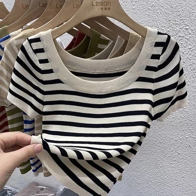 Square collar ice silk striped T-shirt women's early autumn thin section thin short section design sense niche retro knitted short-sleeved top