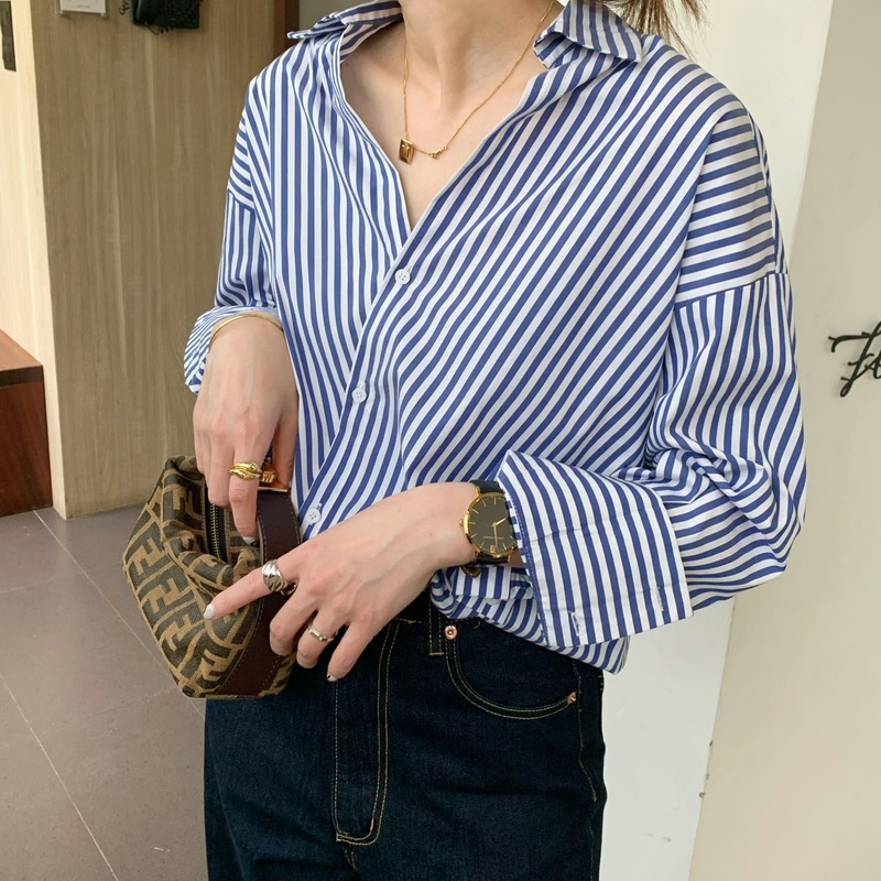 Spring women's new year loose and versatile long sleeve blue striped shirt chic top women's design