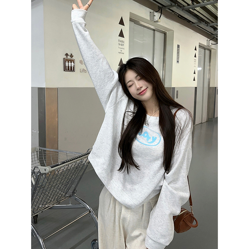 Original~Real shot~Mink sweater Autumn round neck printed loose versatile short sweater women's long sleeve 