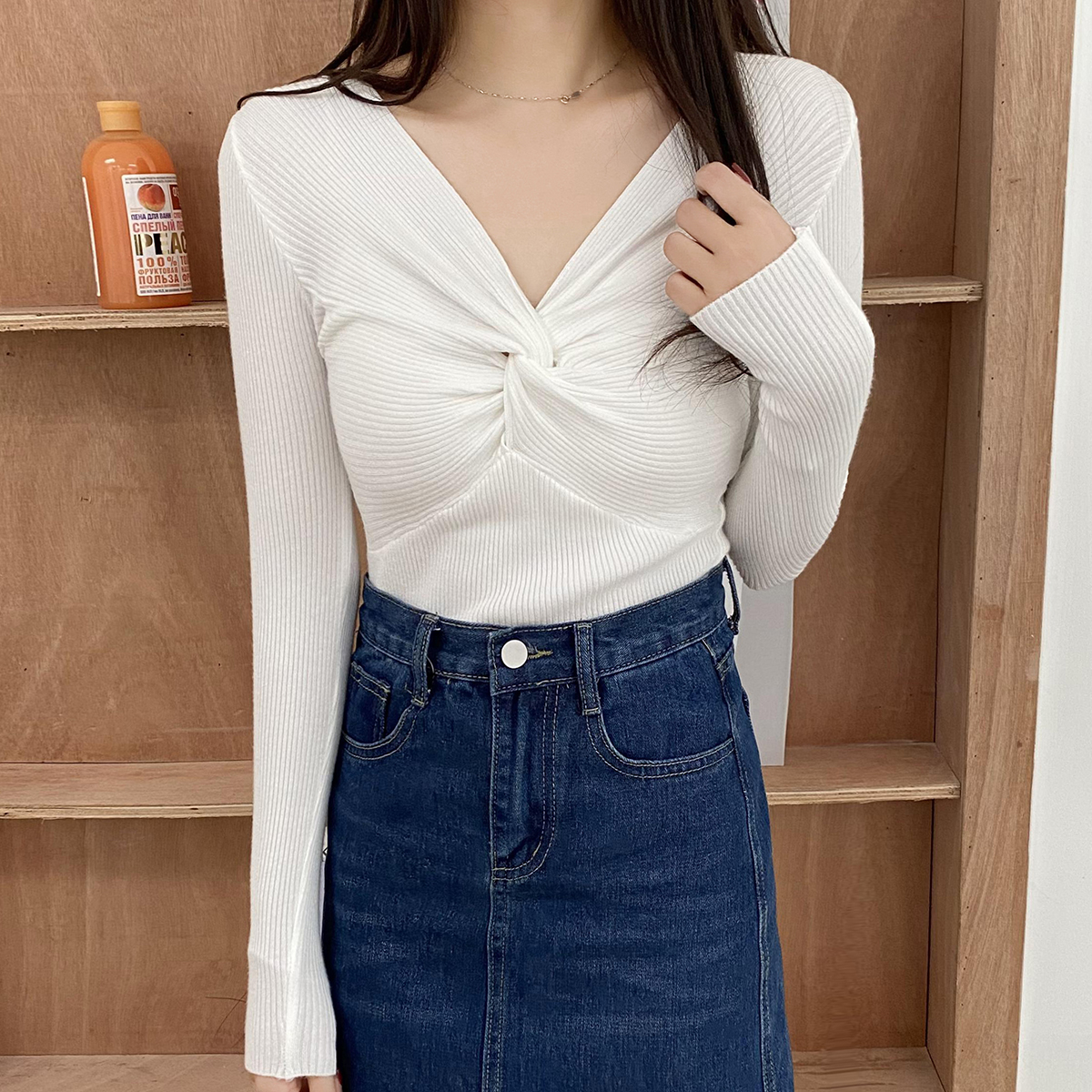 Real shooting new retro chic slim long sleeve sweater V-neck knotted blouse women