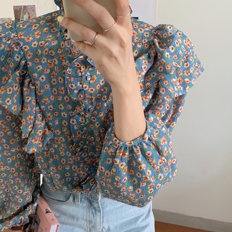 2021 autumn new fashion retro design sense of minority light mature broken flower French chiffon shirt women's top