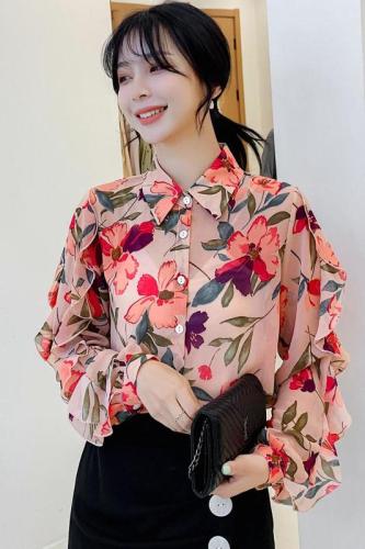 Real shot of Hong Kong Style broken Flower Chiffon shirt women's autumn new temperament chic shirt heart design sense minority top