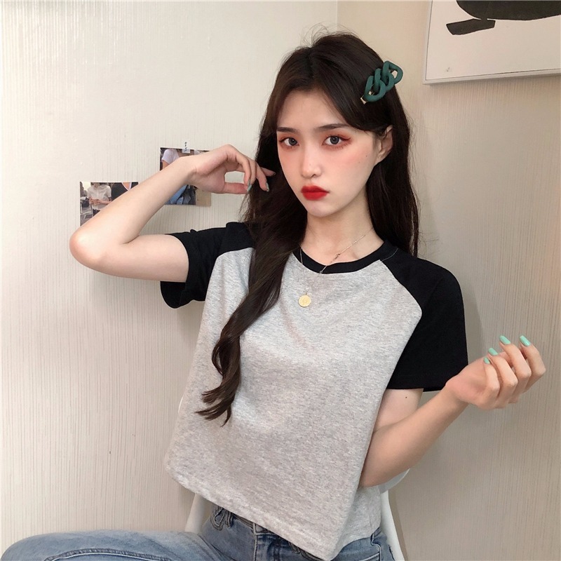 Real shooting cotton short sleeve short t-shirt female slim fit thin splicing contrast color top loose raglan sleeve summer dress