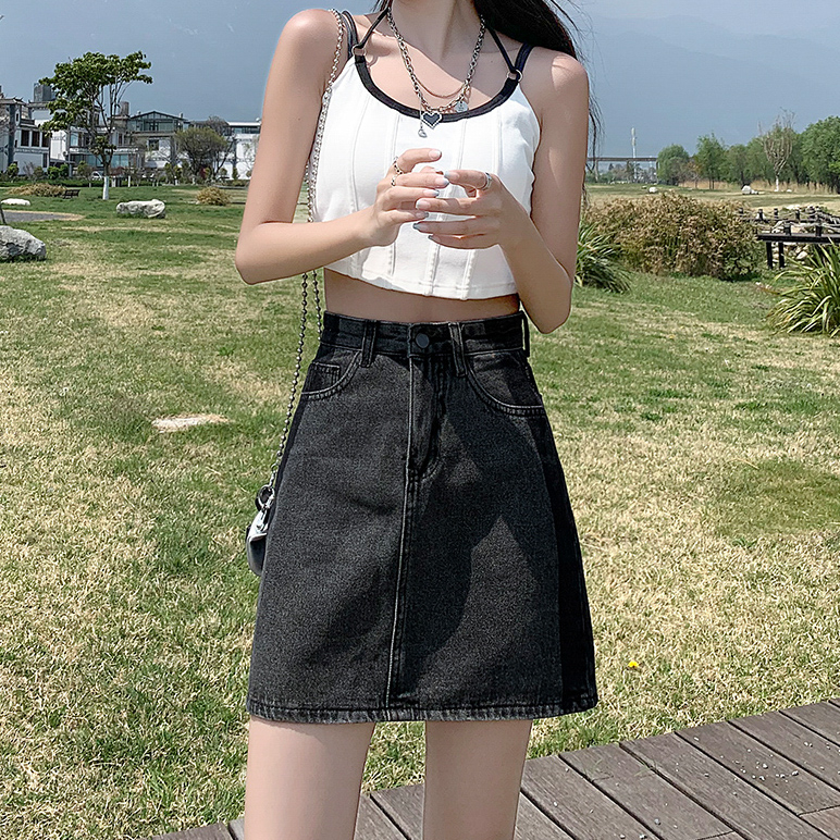 Hot girl design sense niche black gray gradient denim skirt 2023 summer new a-line thin and versatile hip skirt trendy