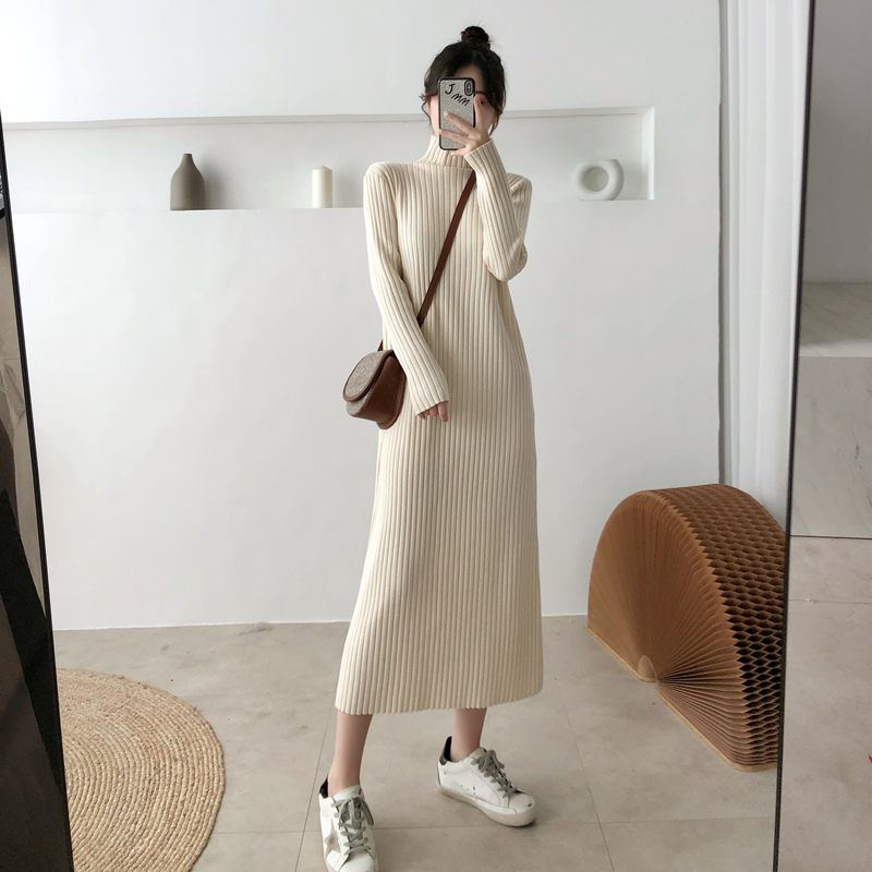 Knitted dress women's autumn and winter new pit strip straight tube with long loose temperament sweater over the knee long skirt