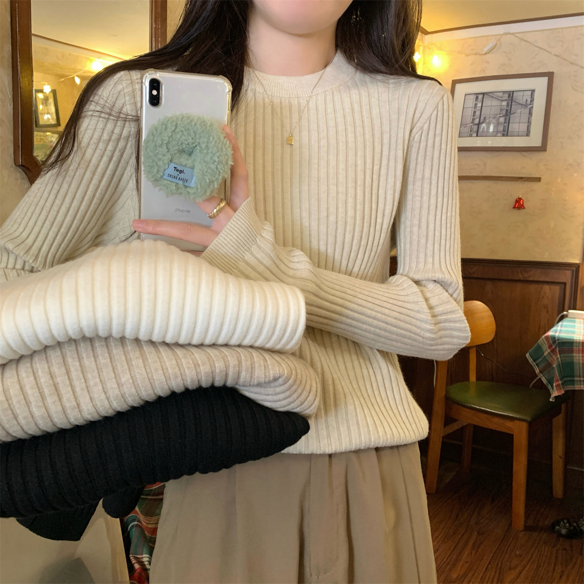 Actual shot of autumn and winter Korean style round neck solid color inner thickened Andy velvet versatile knitted bottoming sweater for women