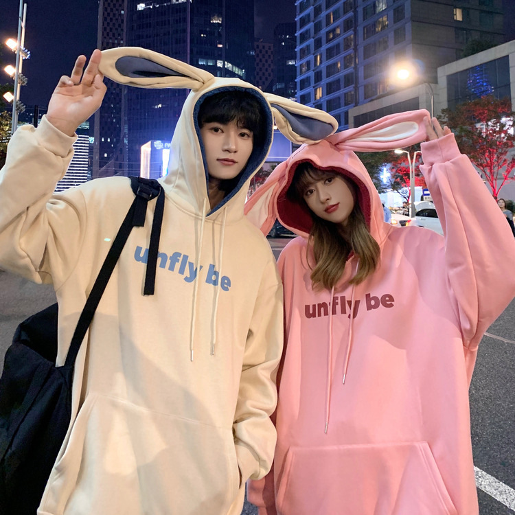Real shot fleece rabbit ear hooded Plush couple's sweater student Plush coat