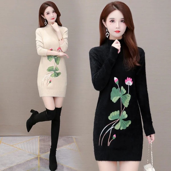 Non shedding imitation mink in autumn and winter new Korean embroidered half high collar medium and long thickened bottomed sweater women's sweater