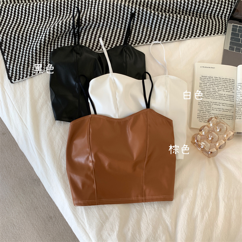 Real shooting, real price small suspender vest, women's interior with autumn and winter Korean PU leather, slim temperament, and sleeveless bottomless shirt