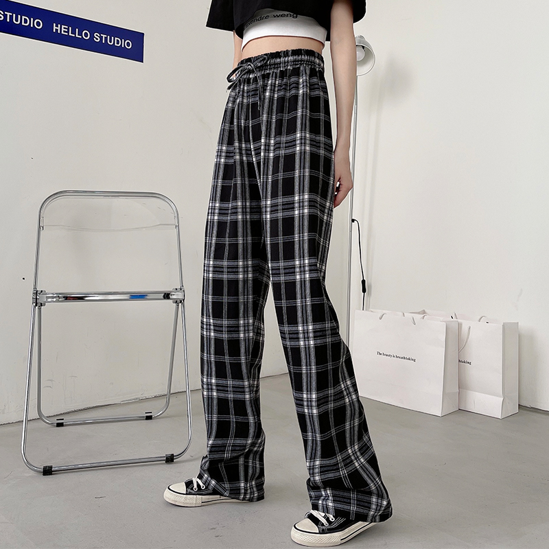 2022 actual shooting of new summer black and white plaid pants children's loose straight tube hanging high waist casual floor dragging wide leg pants