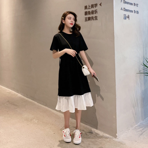 2020 new Korean version loose splicing fake two piece dress, waist length, knee length and all-around skirt, children's summer