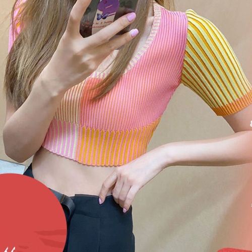 Lin Chao Zhang spring new style Pullover slim fit sweater short sleeve French vertical stripe top female