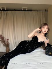 Actual shot 2024 French-style spaghetti strap velvet fish tail elegant black sparkling evening gown dress