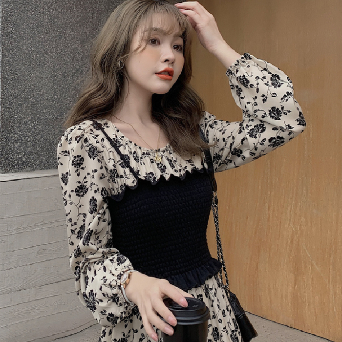 Retro style print waist slim dress women's 2022 early autumn new fashion two-piece dress
