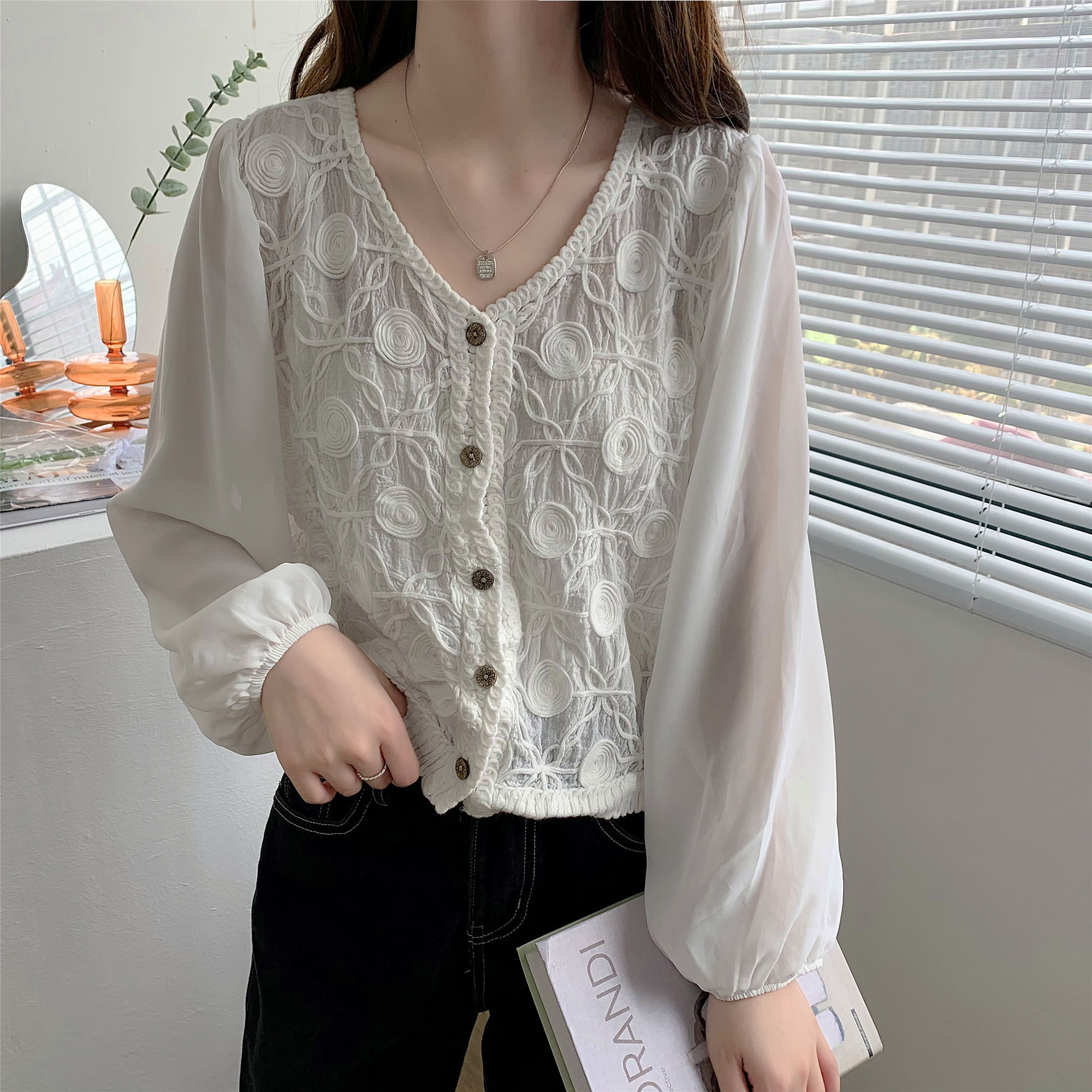 Real shooting summer design sense of minority hook flower hollow out lace shirt female collar long sleeve cardigan top