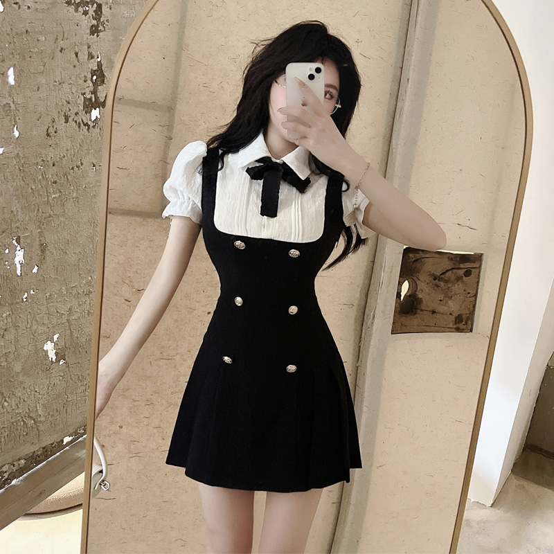 Real photo of fake two piece bubble sleeve dress women's summer new Korean version waist closing temperament pleated skirt short skirt