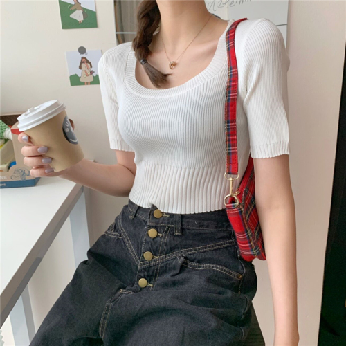 Real photo real price retro small square collar slim knitting Short Sleeve T-Shirt Top Female