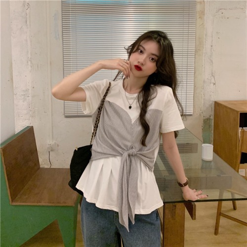 Real shot 100% cotton Summer Short Sleeve T-Shirt women's Chiffon stitching design top loose minority women's wear