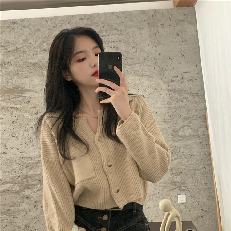 Hong Kong Style Coffee BM soft waxy knitted sweater, cardigan coat, spring new women's short top with high waist pants