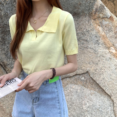 Real shot real price Korean Edition collar Short Knitwear versatile T-Shirt Top