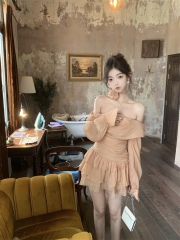 Pure Desire Hot Girl Style Bralette Dress Women Summer Crepe Sheer High-End Elegance Waist Cinching Slimming Long Sleeve Mini Skirt