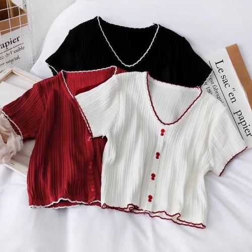 Net red top new style collar short sleeve ice silk knitwear slim fit short navel exposed heart machine T-shirt women trend