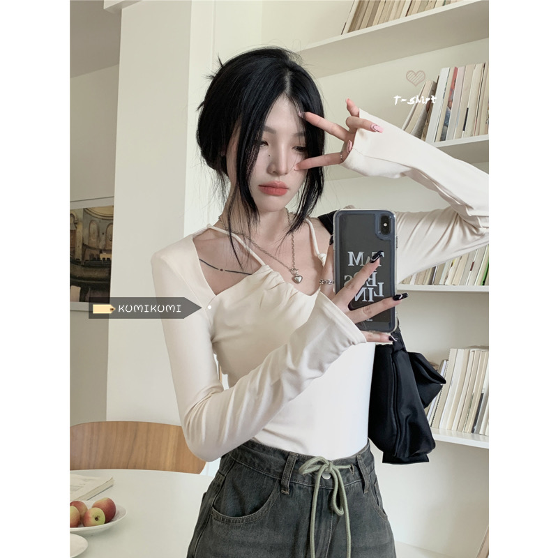 Double-sided velvet brushed T-shirt women's long-sleeved V-neck design niche