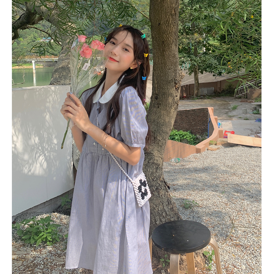 Summer new Korean girls loose simple doll neck grey Pinstripe doll skirt dress