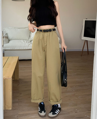 Real shot real price 2023 new Korean version of elastic waist wide-leg pants casual pants straight trousers women's belt