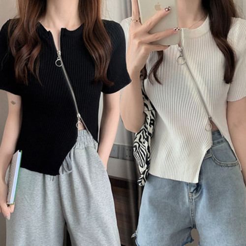 Double zipper solid color short sleeve sweater female slim sexy cardigan top female