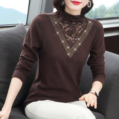 Double sided German velvet autumn and winter new half high collar Plush thickened versatile long sleeve lace bottomed Shirt Top mom's