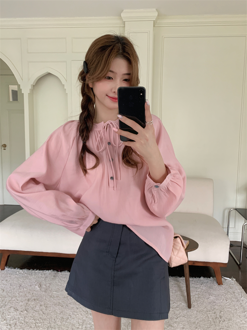 Real price real price spring and summer new Korean version of the small fresh and sweet temperament all-match loose round neck tie shirt women