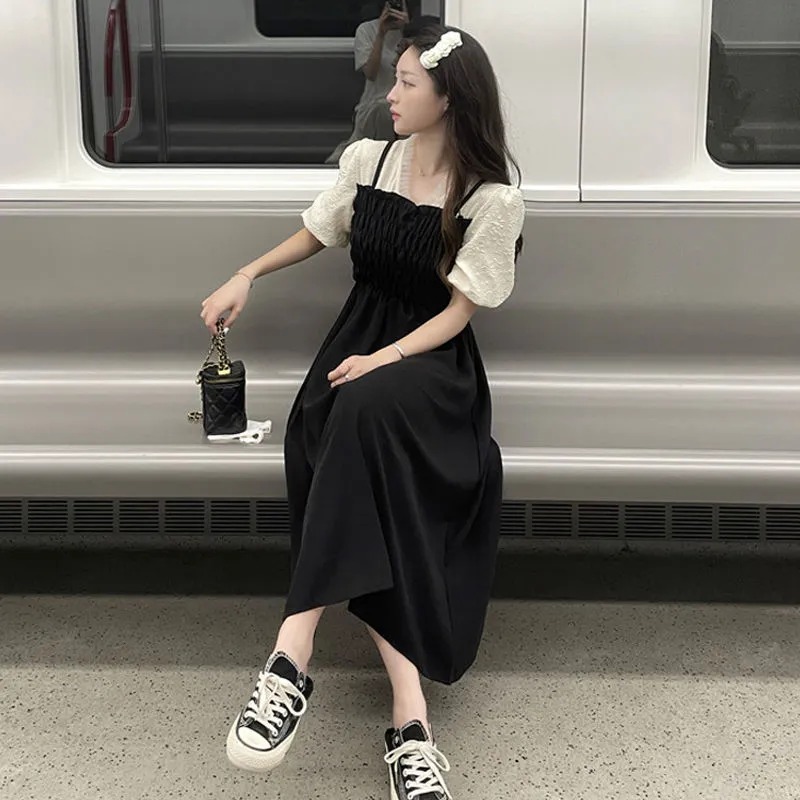 Fake two piece bubble sleeve dress women's summer 2022 new French retro design feeling small milk good skirt