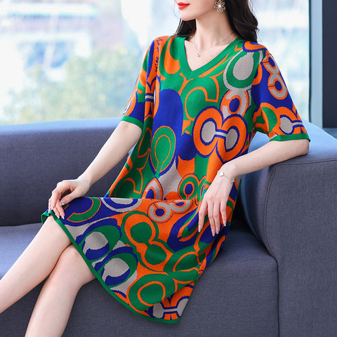 Large size wide too loose V-neck medium and long short sleeve dress women's summer dress new middle-aged Tibetan meat thin dress