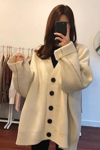 Autumn and winter loose medium length thick knitted cardigan coat waitmore lazy wind net red very fairy Sweater Girl