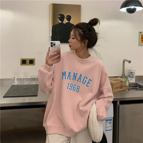 310 grams of imitation cotton interwoven fabric can not play the winter thickened fleece sweater women's round neck printing back bag