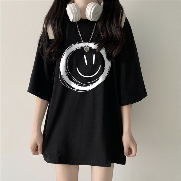 Official photo smile face short sleeve T-shirt dark trend loose and versatile medium and long women's summer new style