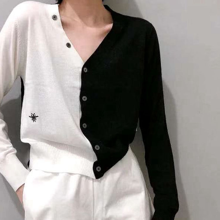 Autumn new knitted cardigan female V-neck stripe contrast cardigan slim knit top coat