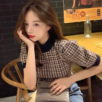 Short houndstooth sweater women's spring/summer 2022 new Korean style slim fit short sleeve pullover jacket