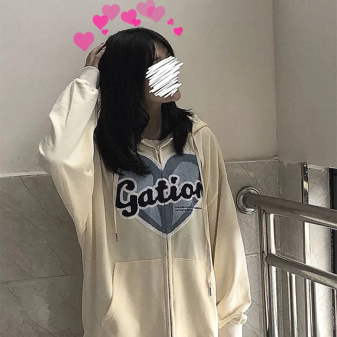 American retro sweater jacket women's autumn and winter plus velvet thickening oversize niche high street hooded cardigan ins tide