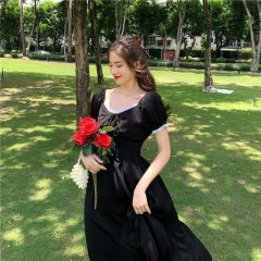 Hepburn slim dress long ruffle mesh dress V-neck small fresh short sleeve