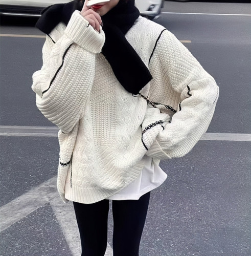 Korean version of the retro high-end color-block twist sweater women's 2022 winter new loose lazy style soft waxy knitted sweater