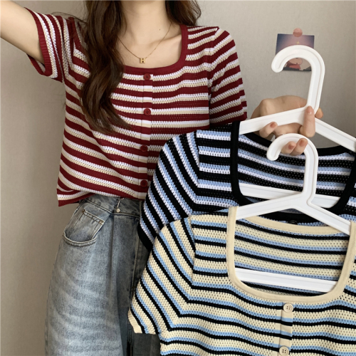 Summer 2021 new style square neck slim striped sweater short T-shirt short sleeve top bottomed shirt women's fashion