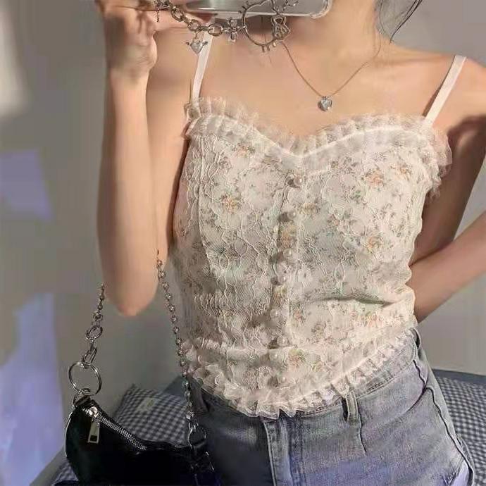 Spring and summer new Pearl sunflower small broken flower lace net gauze belt bra small suspender vest net red