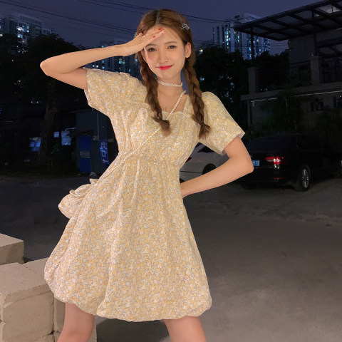  summer new style square collar broken flower bubble sleeve A-shaped closed waist thin embroidered dress for women
