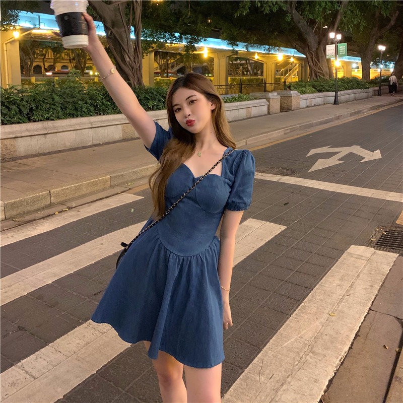 2022 summer new style square neck retro harbor style Princess denim bubble sleeve closed waist Short Sleeve Dress