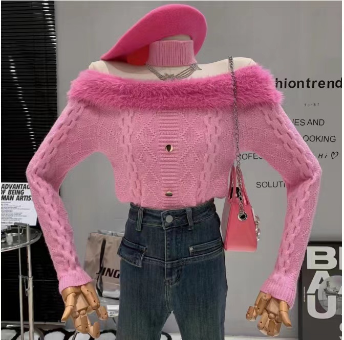 Internet celebrity Xiaoxiang wind plush splicing one-neck twist-knit sweater top women's 2022 winter long-sleeved slim bottoming